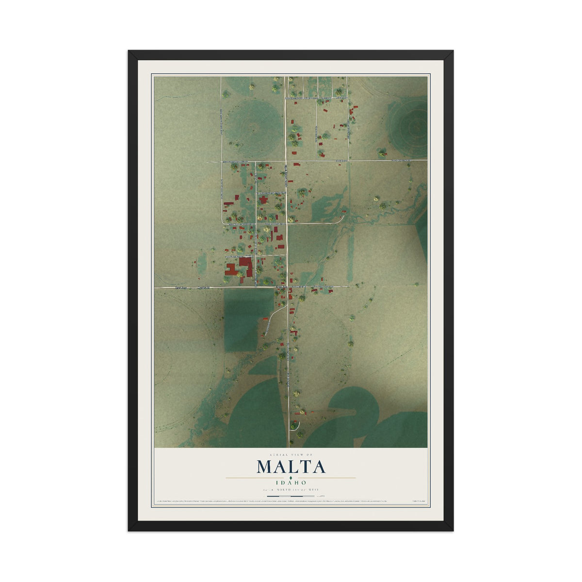 Map of Malta, Idaho, 12 x 18 inch print in a black wood frame