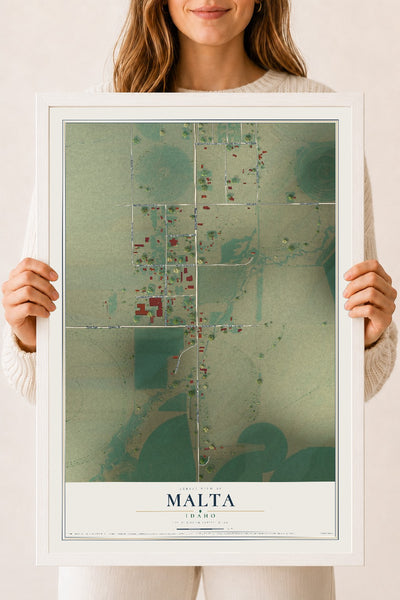 Map of Malta, Idaho, 18 x 24 inch print in a white wood frame