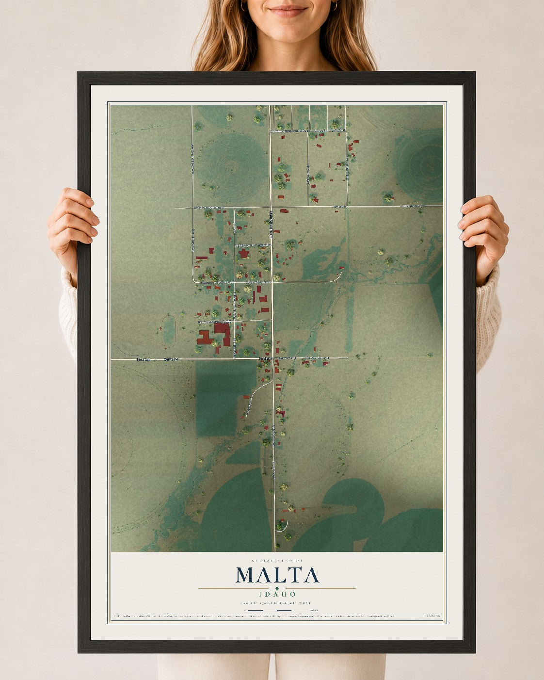 Map of Malta, Idaho, 24 x 36 inch print in a black wood frame
