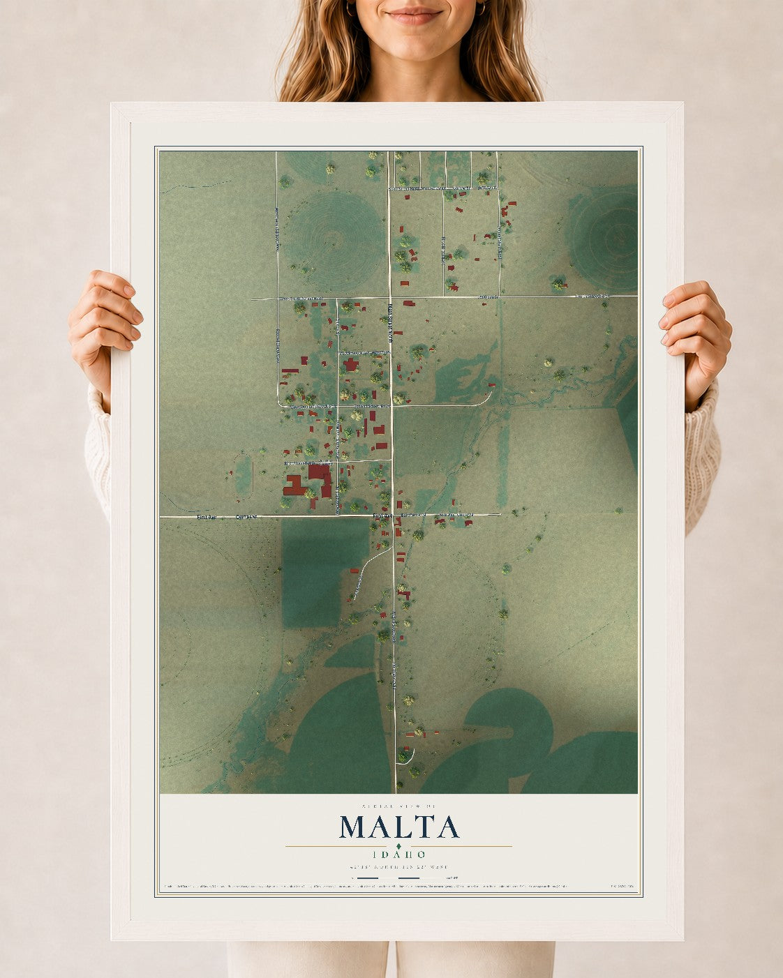 Map of Malta, Idaho, 24 x 36 inch print in a white wood frame