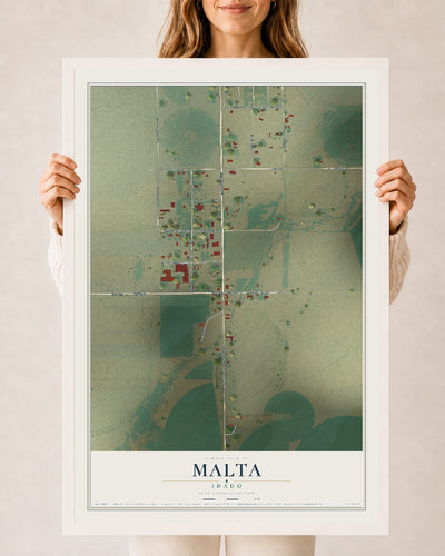 Map of Malta, Idaho, 24 x 36 inch print in a white wood frame
