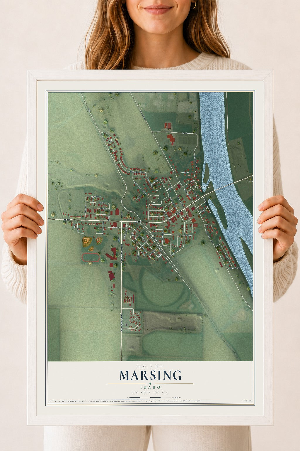 Map of Marsing, Idaho, 18 x 24 inch print in a white wood frame