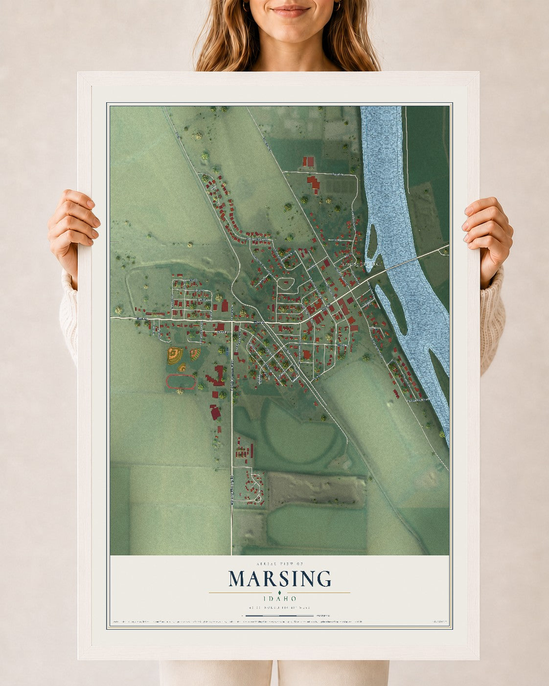 Map of Marsing, Idaho, 24 x 36 inch print in a white wood frame