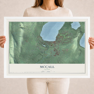 Map of McCall, Idaho, 18 x 24 inch print in a white wood frame