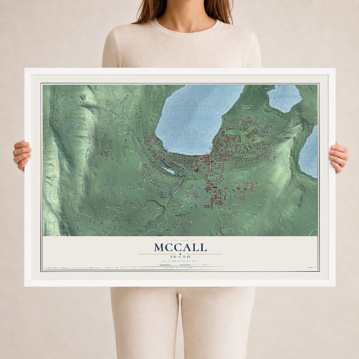 Map of McCall, Idaho, 24 x 36 inch print in a white wood frame