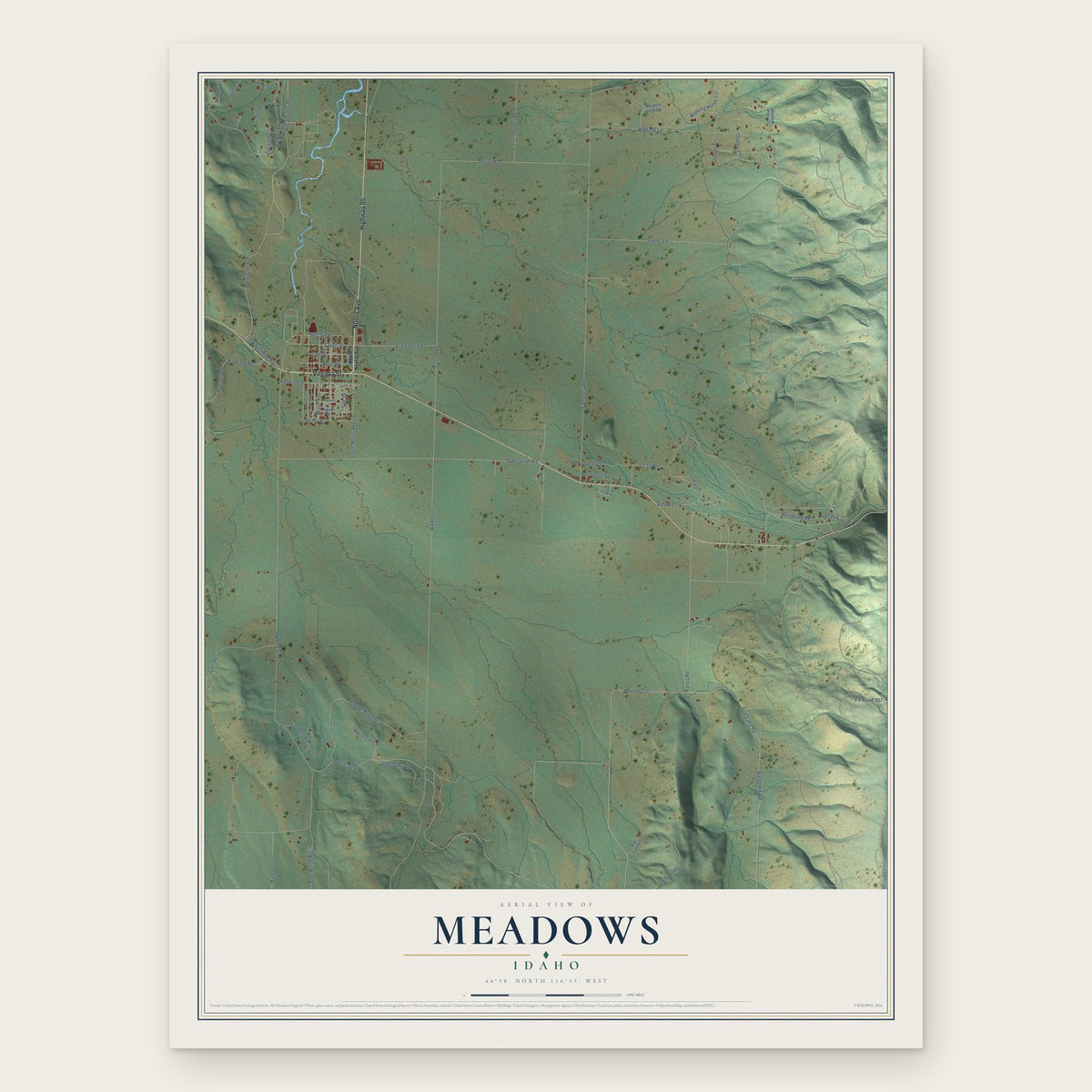 Meadows, Idaho map print, the full design