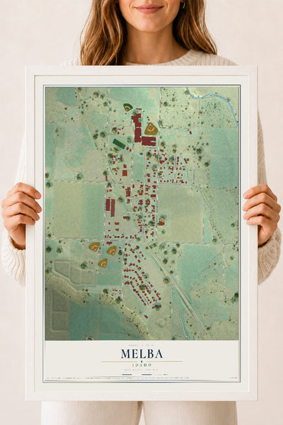 Map of Melba, Idaho, 18 x 24 inch print in a white wood frame