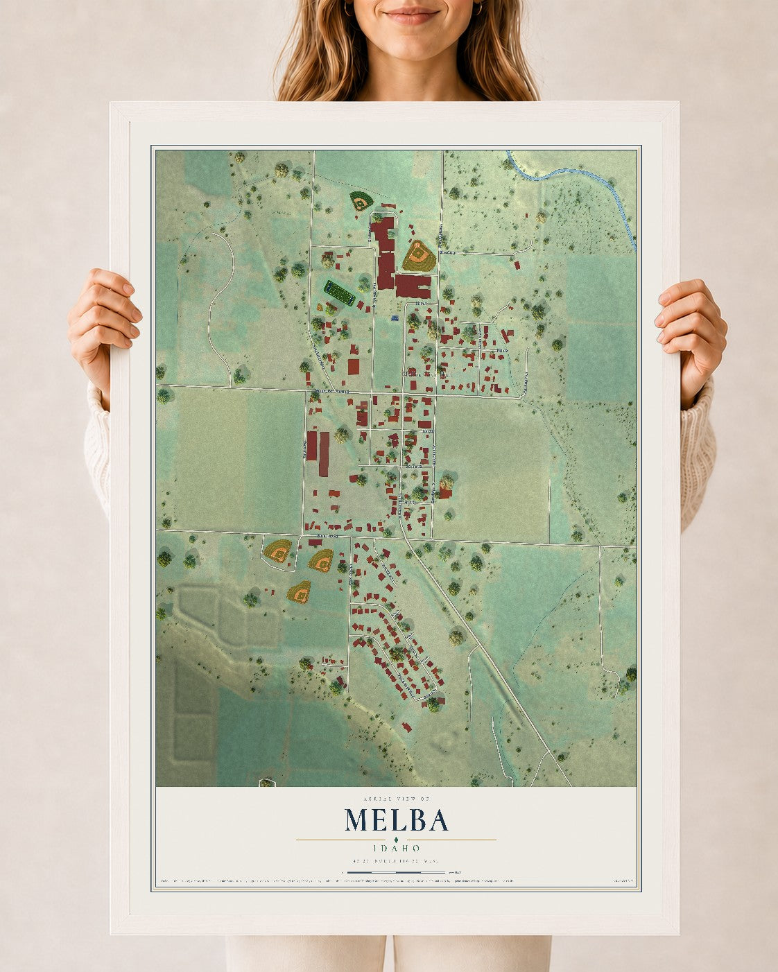Map of Melba, Idaho, 24 x 36 inch print in a white wood frame