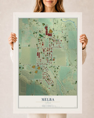 Map of Melba, Idaho, 24 x 36 inch print in a white wood frame
