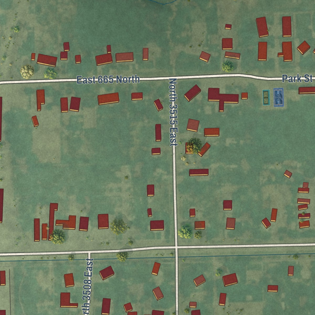 Close-up of the map of Menan, Idaho print showing street and building detail