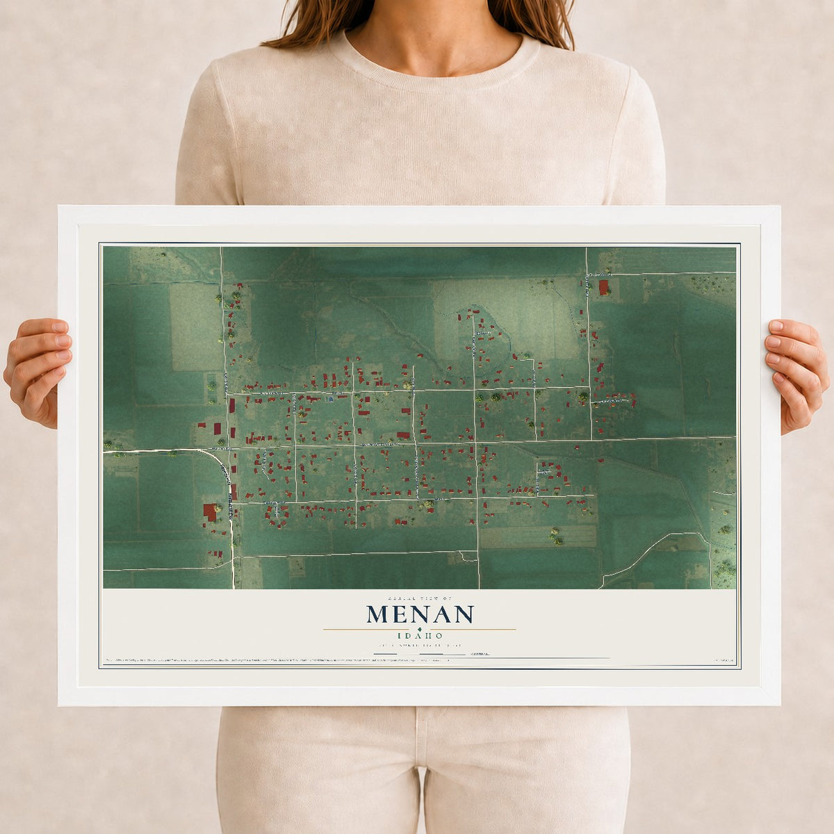Map of Menan, Idaho, 12 x 18 inch print in a white wood frame
