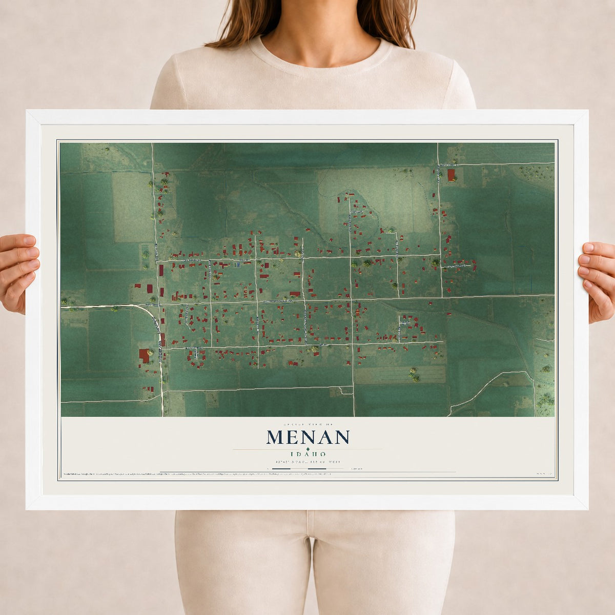 Map of Menan, Idaho, 18 x 24 inch print in a white wood frame