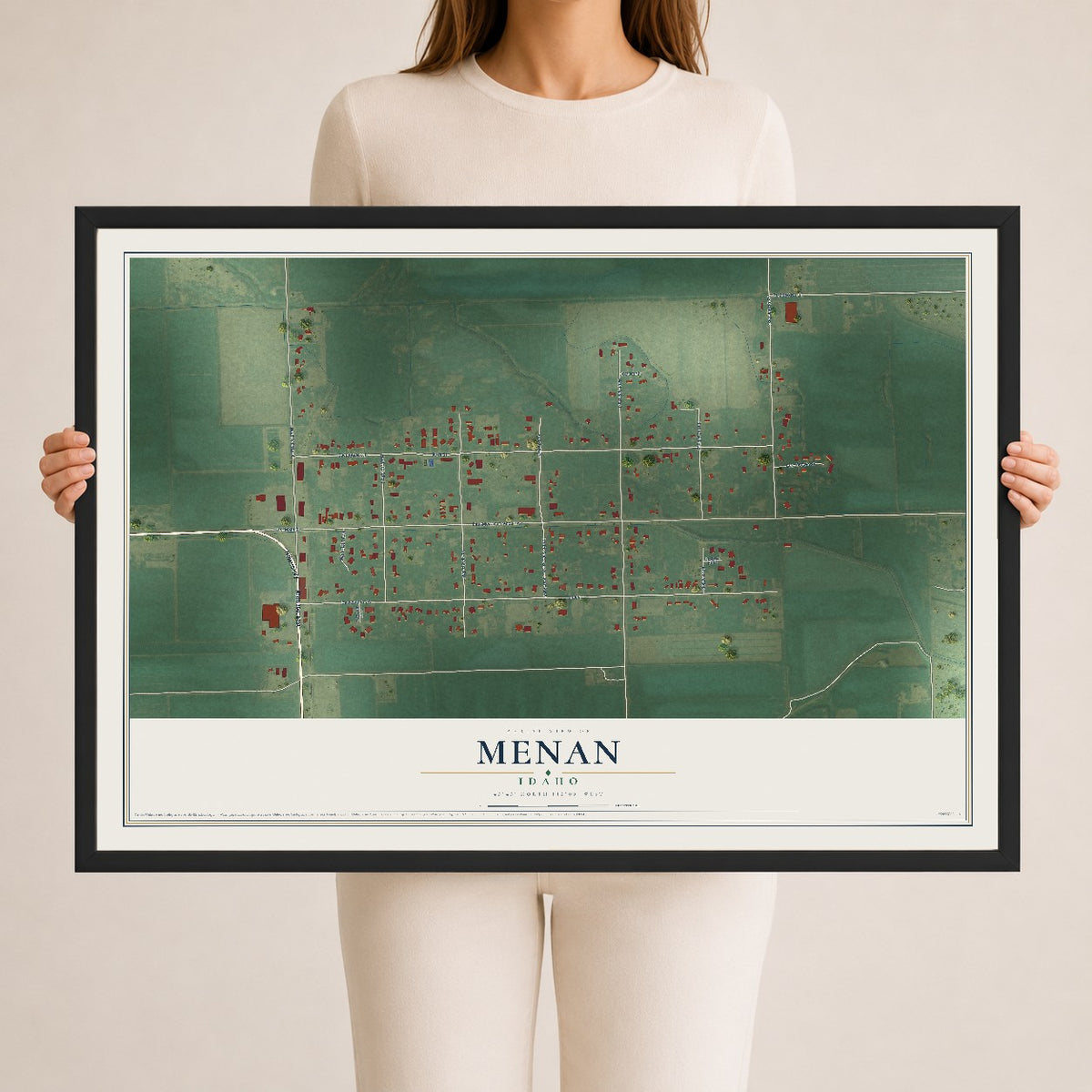 Map of Menan, Idaho, 24 x 36 inch print in a black wood frame