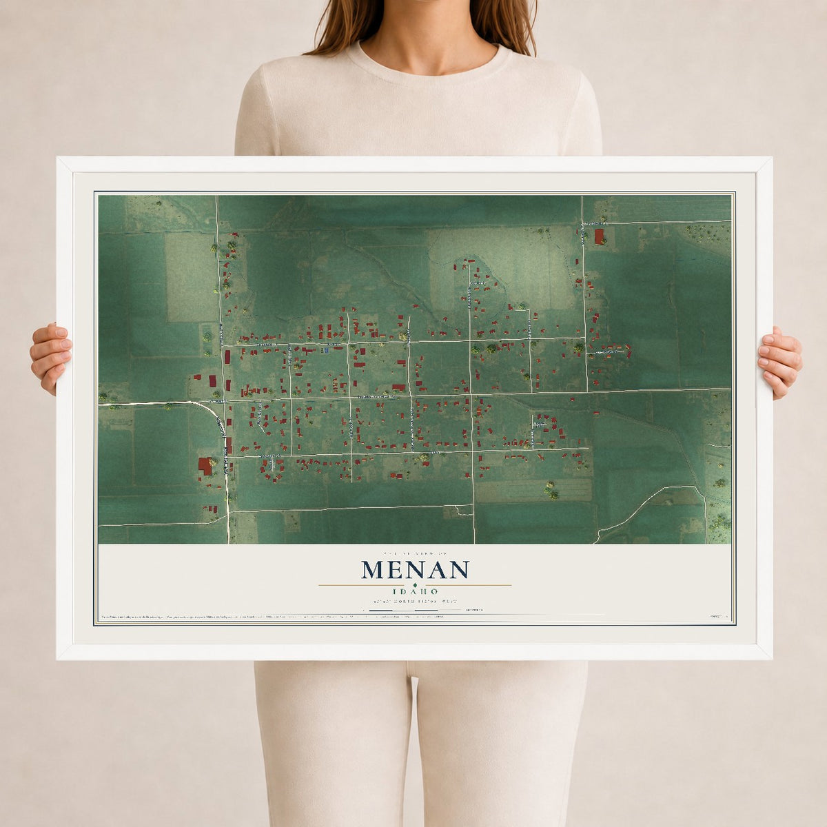 Map of Menan, Idaho, 24 x 36 inch print in a white wood frame