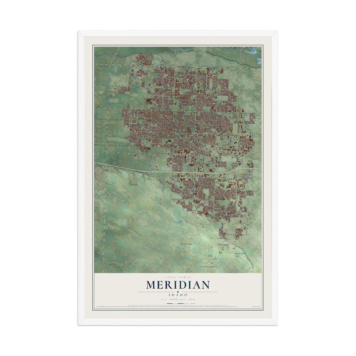 Map of Meridian, Idaho, 12 x 18 inch print in a white wood frame