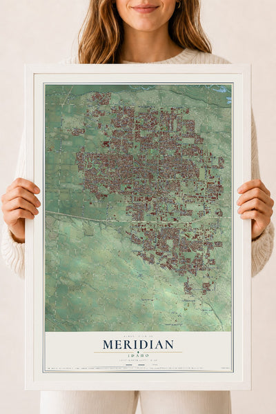 Map of Meridian, Idaho, 18 x 24 inch print in a white wood frame