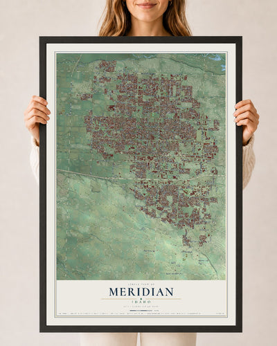 Map of Meridian, Idaho, 24 x 36 inch print in a black wood frame