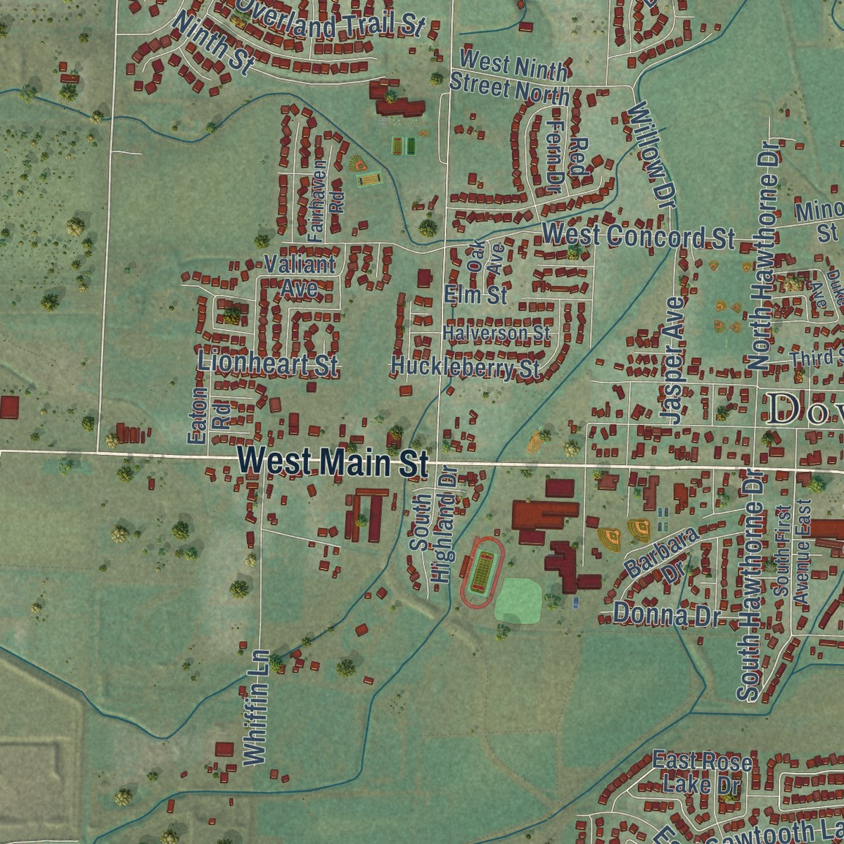 Close-up of the map of Middleton, Idaho print showing street and building detail