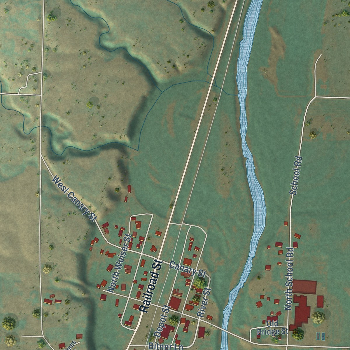 Close-up of the map of Midvale, Idaho print showing street and building detail