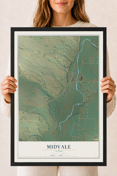 Map of Midvale, Idaho, 18 x 24 inch print in a black wood frame