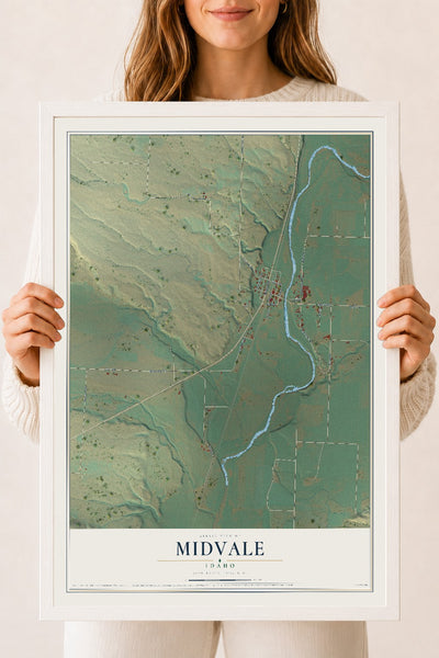 Map of Midvale, Idaho, 18 x 24 inch print in a white wood frame