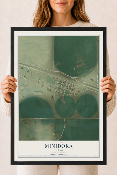 Map of Minidoka, Idaho, 18 x 24 inch print in a black wood frame