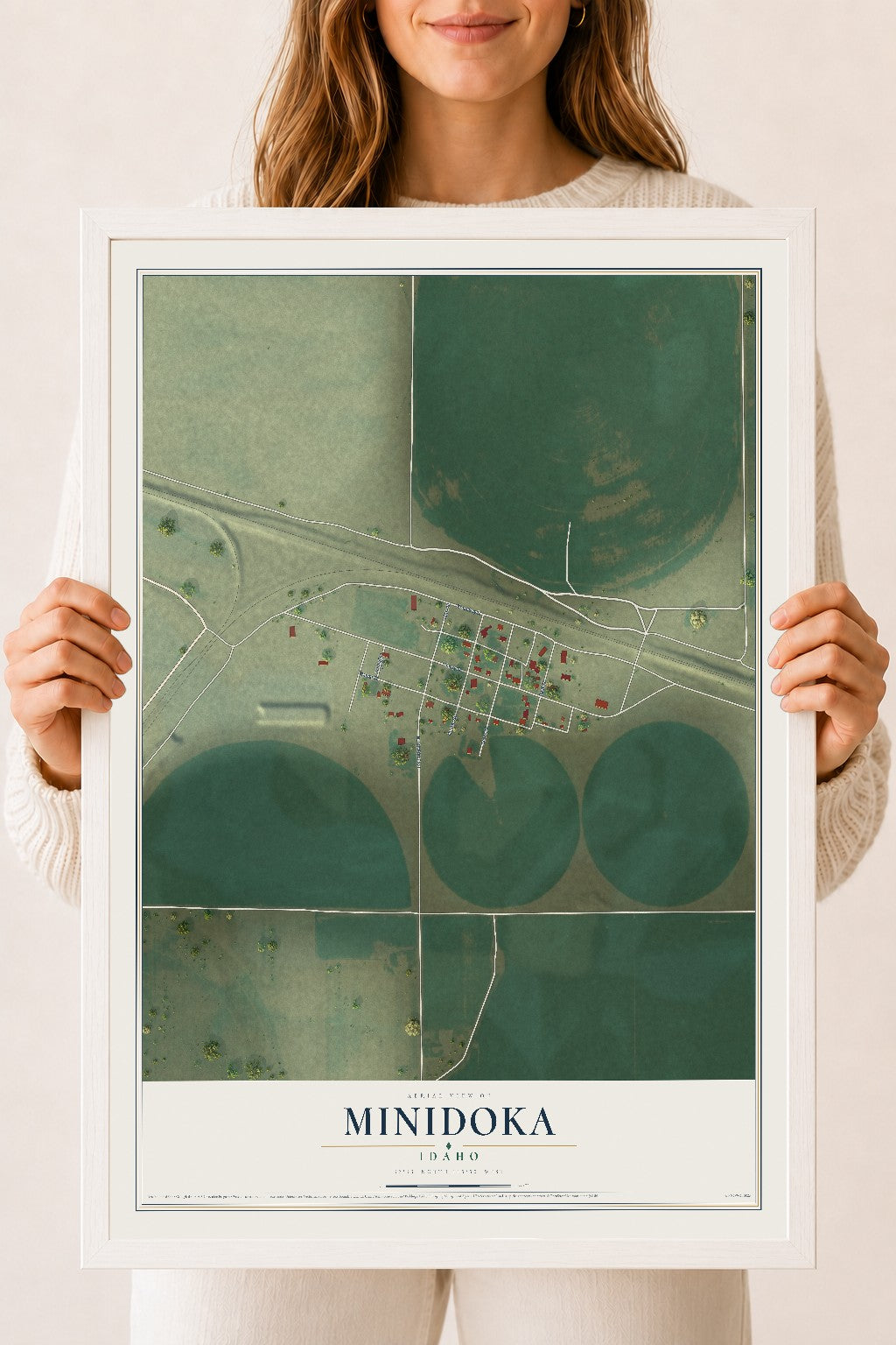 Map of Minidoka, Idaho, 18 x 24 inch print in a white wood frame