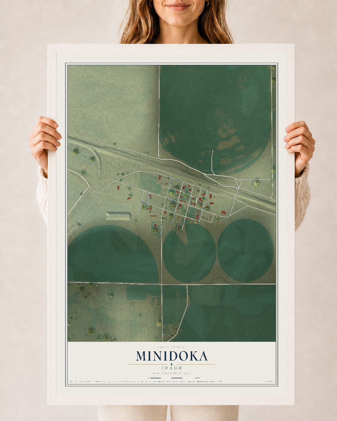 Map of Minidoka, Idaho, 24 x 36 inch print in a white wood frame