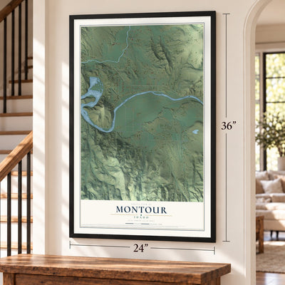 Montour, Idaho map, 24 x 36 inch print in a black frame by a staircase