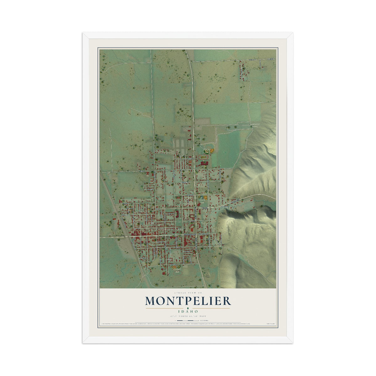 Map of Montpelier, Idaho, 12 x 18 inch print in a white wood frame