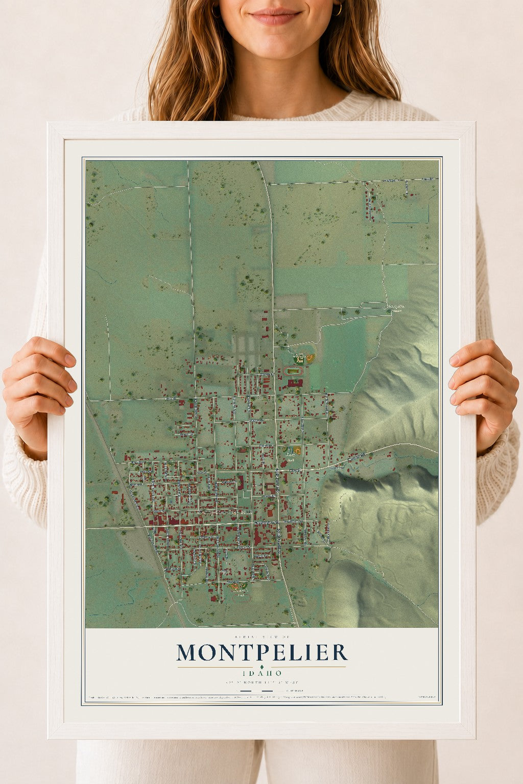 Map of Montpelier, Idaho, 18 x 24 inch print in a white wood frame