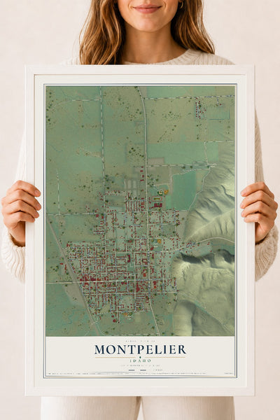 Map of Montpelier, Idaho, 18 x 24 inch print in a white wood frame
