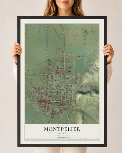 Map of Montpelier, Idaho, 24 x 36 inch print in a black wood frame