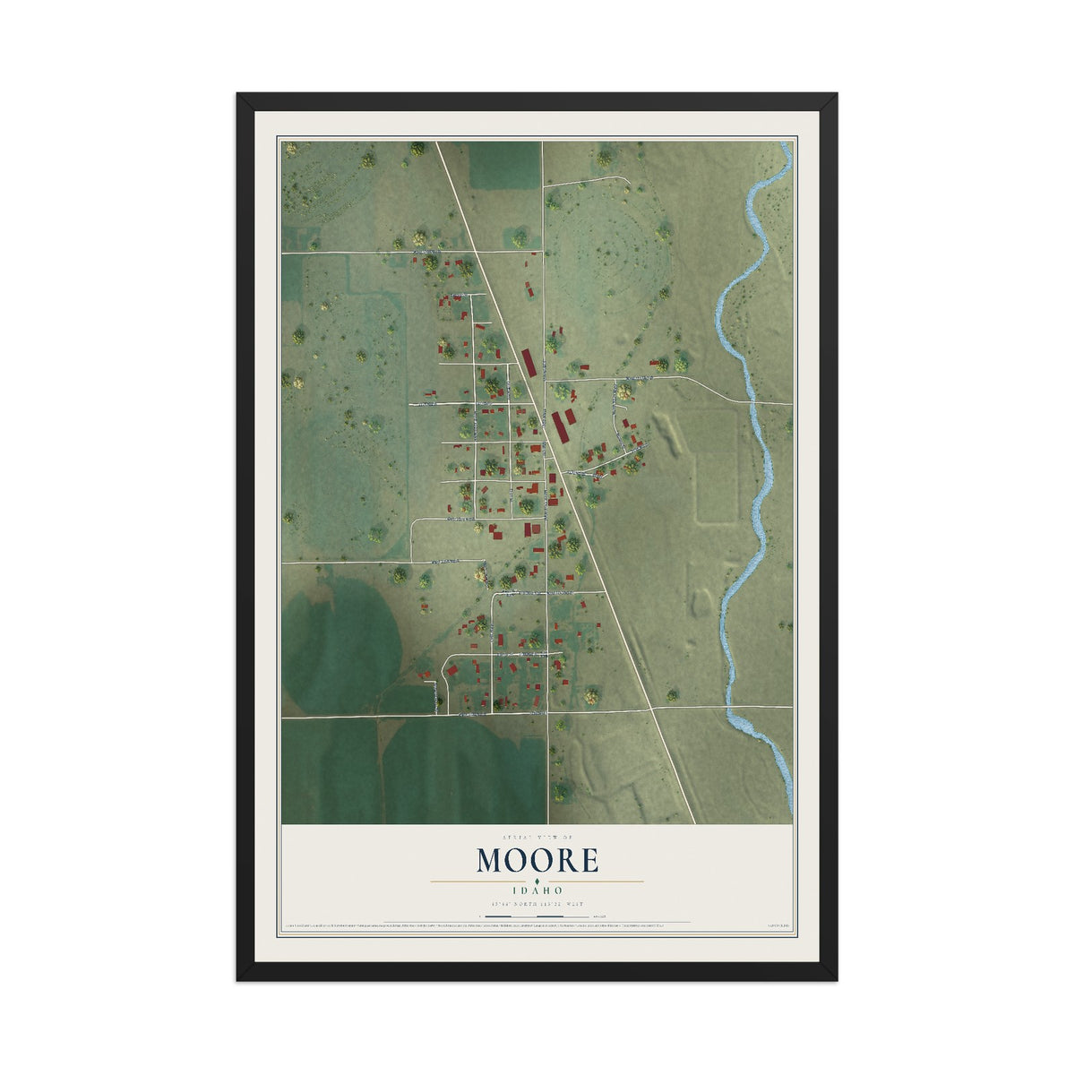 Map of Moore, Idaho, 12 x 18 inch print in a black wood frame
