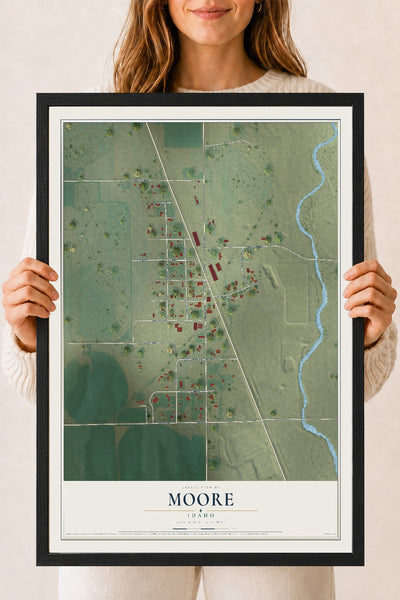 Map of Moore, Idaho, 18 x 24 inch print in a black wood frame
