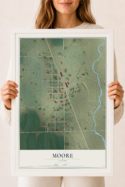 Map of Moore, Idaho, 18 x 24 inch print in a white wood frame