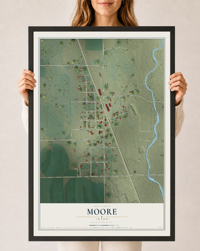 Map of Moore, Idaho, 24 x 36 inch print in a black wood frame