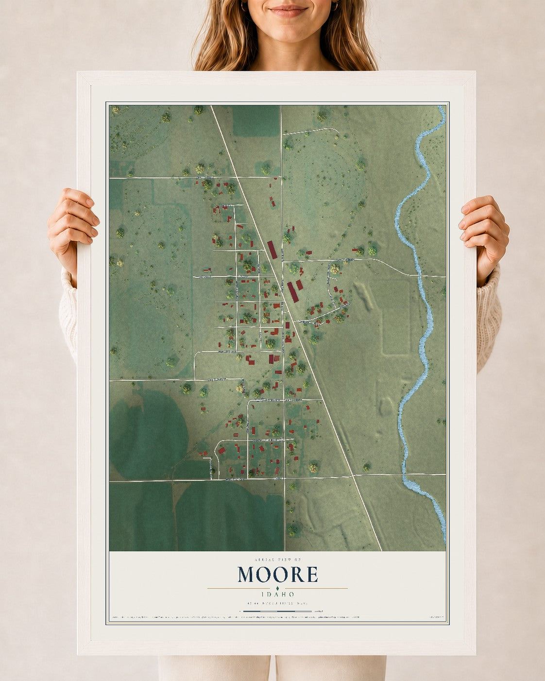 Map of Moore, Idaho, 24 x 36 inch print in a white wood frame