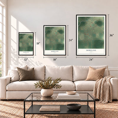 Moreland, Idaho map in 12 x 18, 18 x 24 and 24 x 36 inch sizes above a sofa