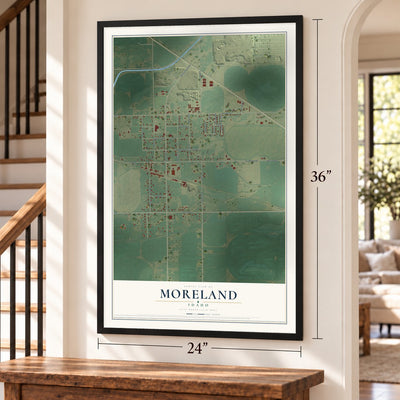 Moreland, Idaho map, 24 x 36 inch print in a black frame by a staircase