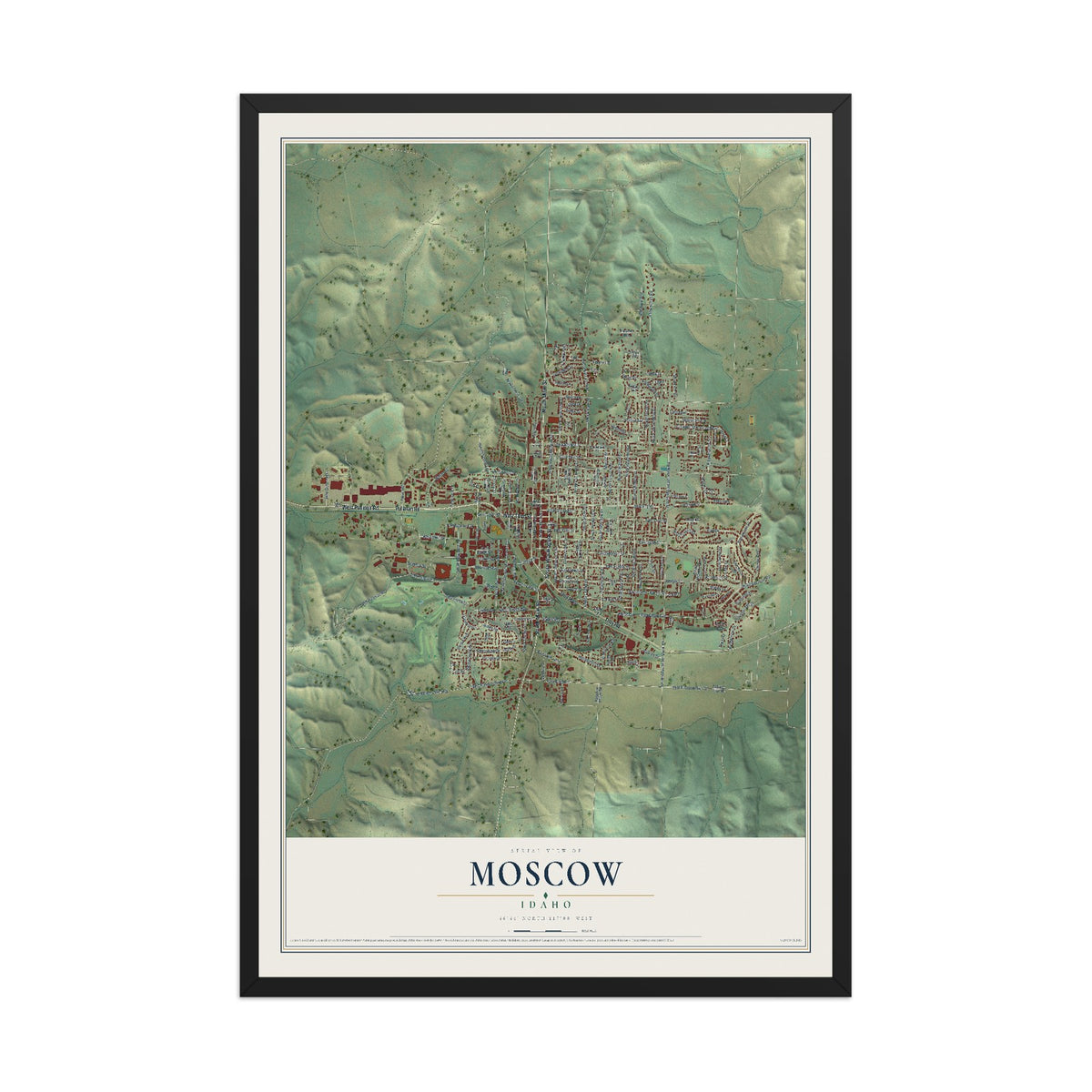 Map of Moscow, Idaho, 12 x 18 inch print in a black wood frame