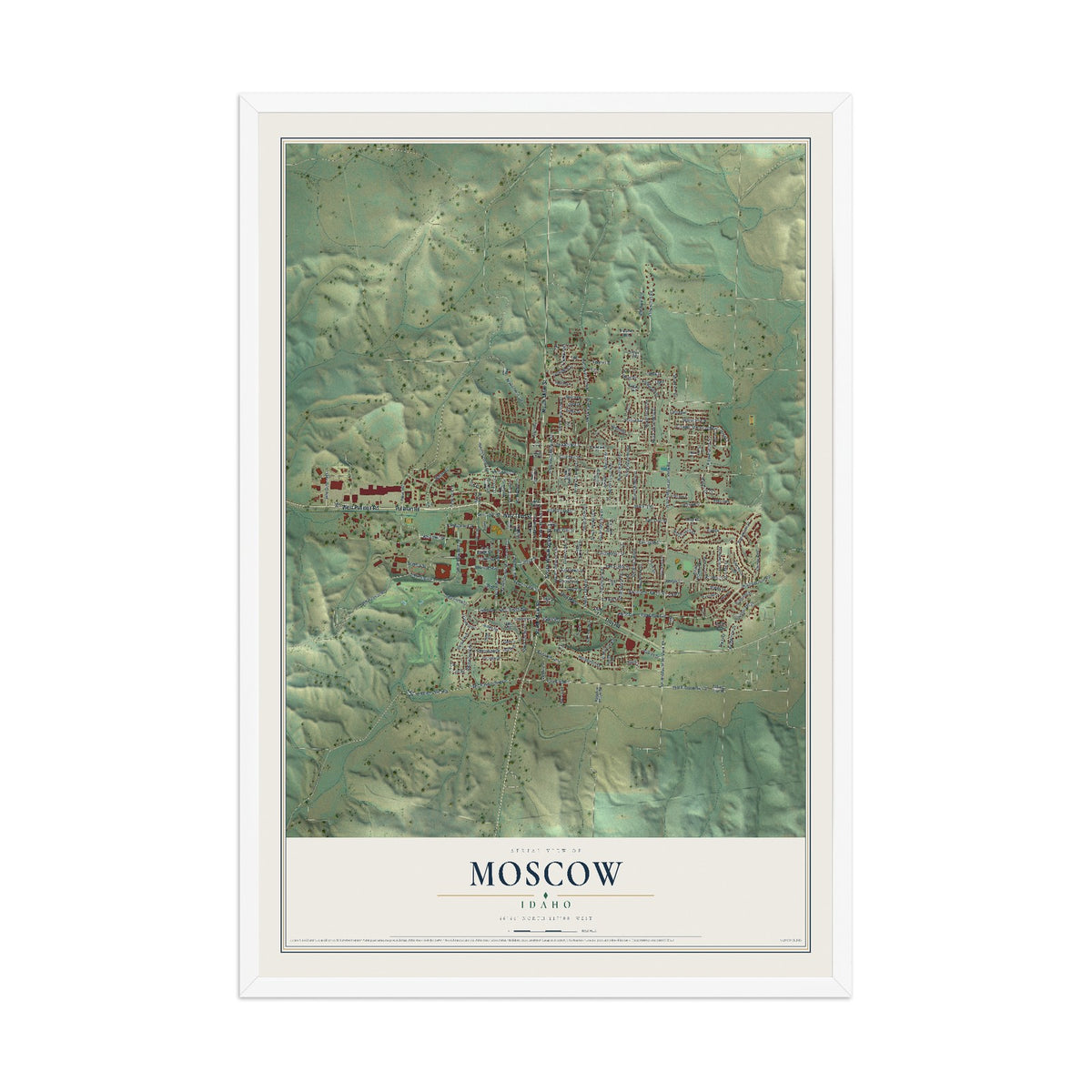 Map of Moscow, Idaho, 12 x 18 inch print in a white wood frame