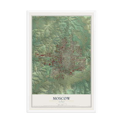 Map of Moscow, Idaho, 12 x 18 inch print in a white wood frame