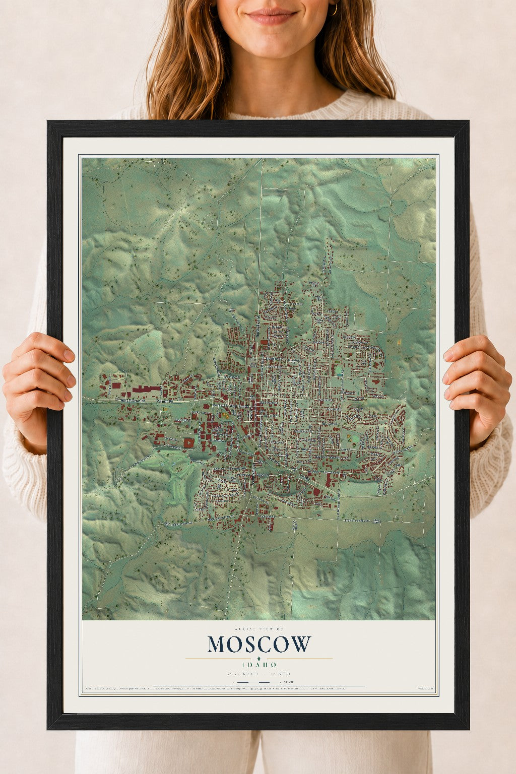 Map of Moscow, Idaho, 18 x 24 inch print in a black wood frame