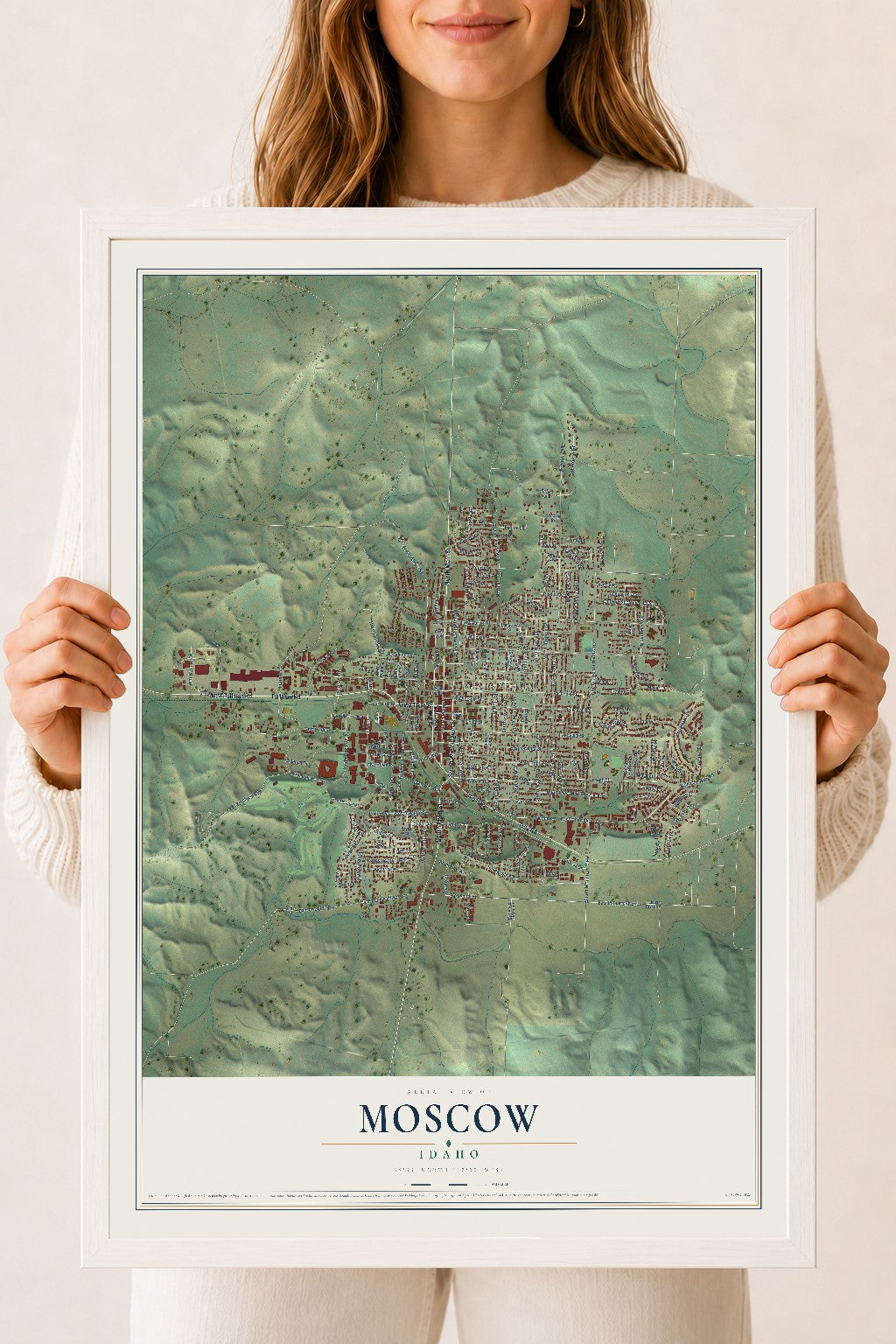 Map of Moscow, Idaho, 18 x 24 inch print in a white wood frame