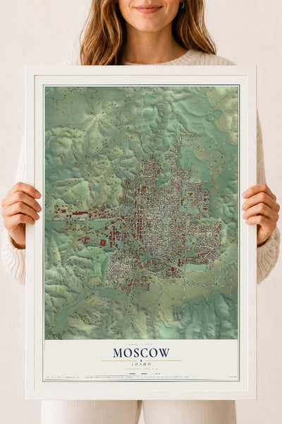 Map of Moscow, Idaho, 18 x 24 inch print in a white wood frame