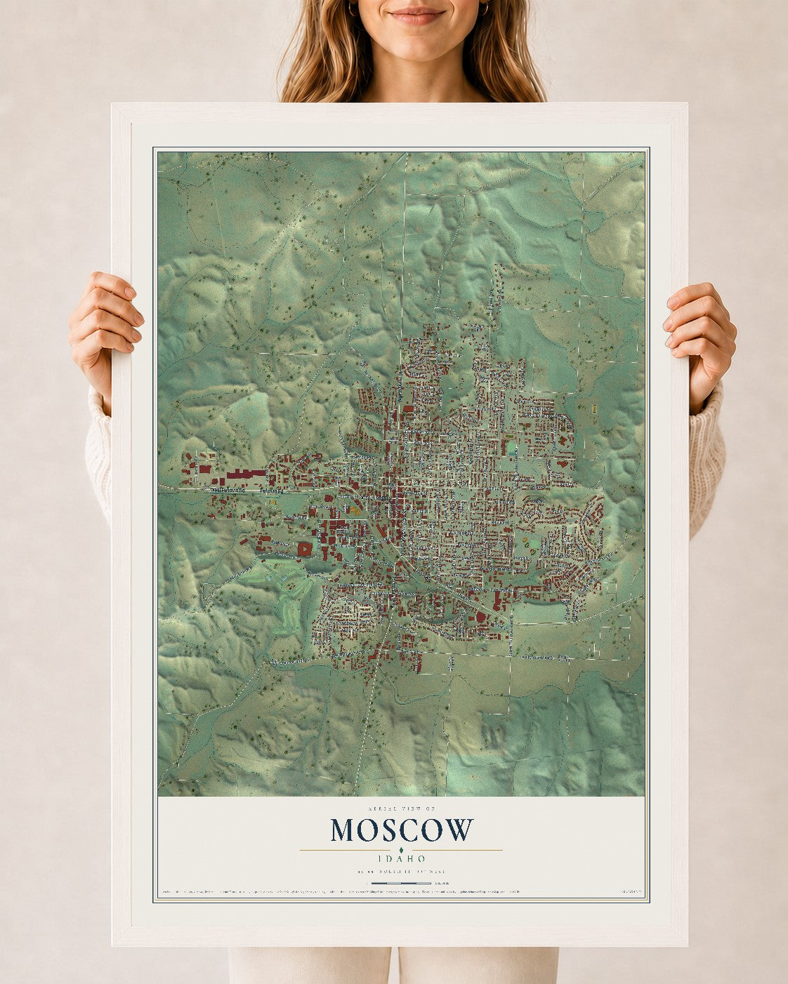 Map of Moscow, Idaho, 24 x 36 inch print in a white wood frame