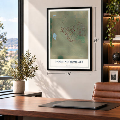Mountain Home AFB, Idaho map, 18 x 24 inch print in a black frame in a home office