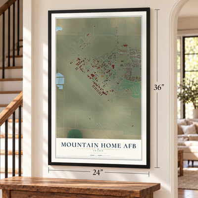 Mountain Home AFB, Idaho map, 24 x 36 inch print in a black frame by a staircase