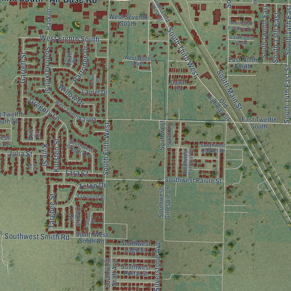 Second close-up of the map of Mountain Home, Idaho print showing more streets and buildings